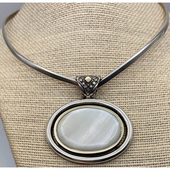 Sterling Silver Mother of Pearl Artisan Pendant on Collar Necklace - Picture 1 of 6